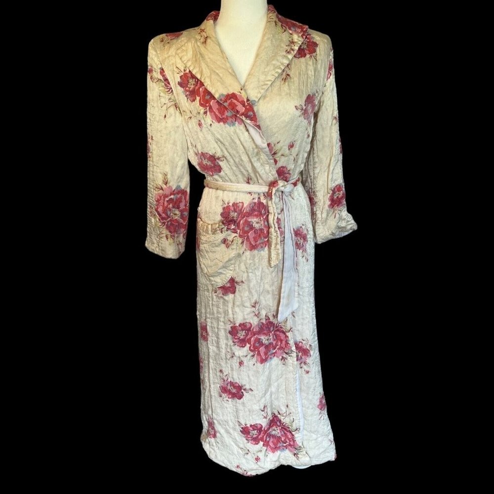 Vtg 50s/60s White Floral La Camille Quilted Satin Belted Housecoat Robe Sz M